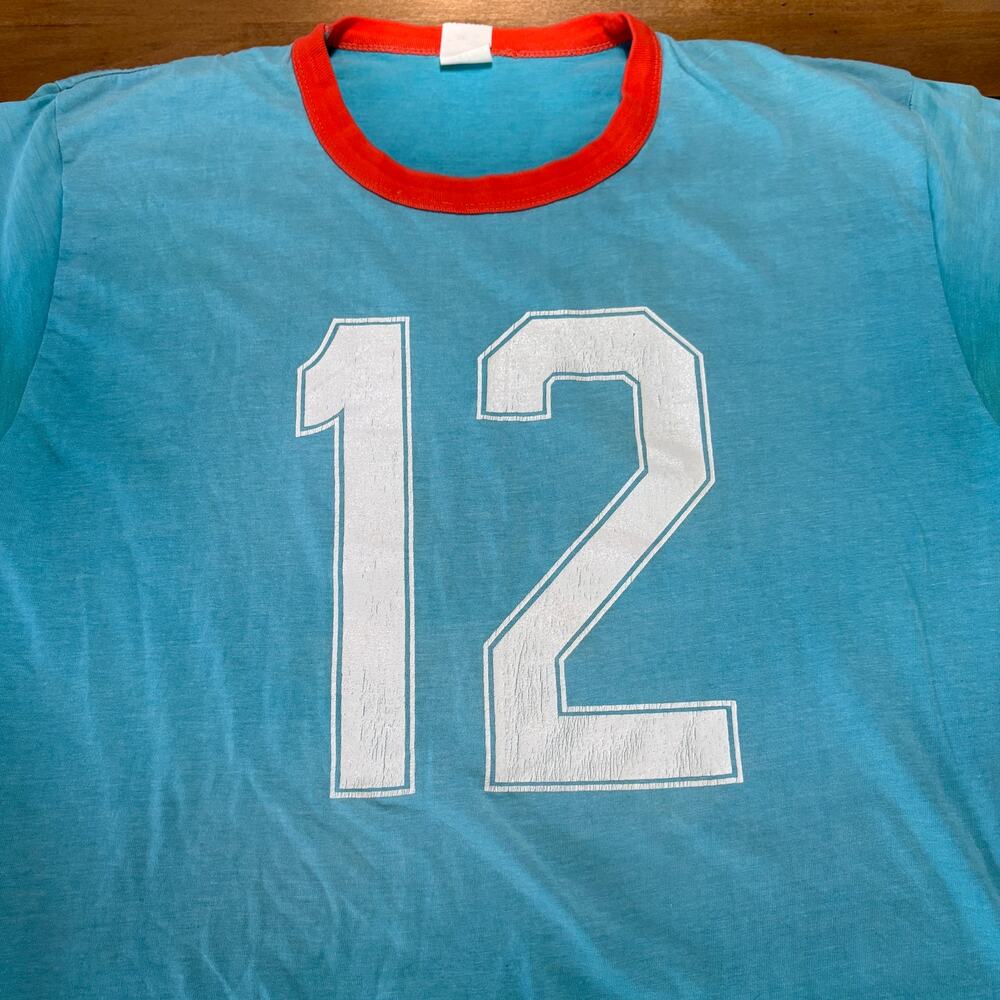 Vintage 70s 80s Ringer Tee Light Blue Orange Trim #12 Single Stitch T-Shirt - Picture 3 of 8